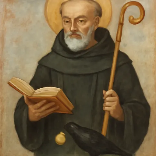 Oil-painting-style portrait of St. Benedict as a gray-bearded abbot in a black hooded habit, holding the book of his Rule and a crozier, with a raven at his feet