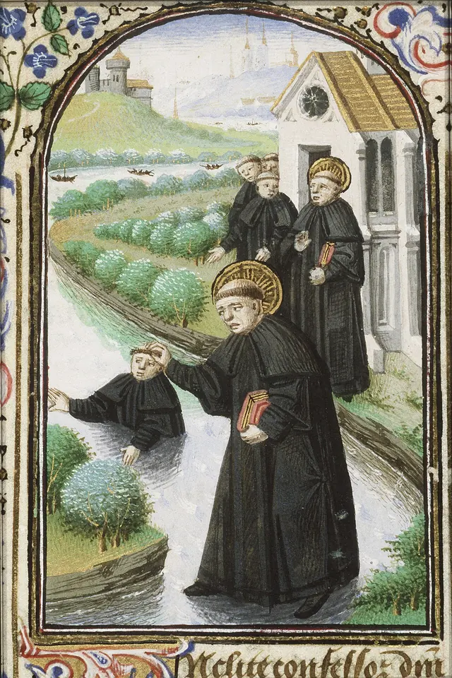 Manuscript miniature of a haloed monk stepping onto a river to pull a young monk out of the water by the hair, as St. Benedict and two monks watch from a chapel door