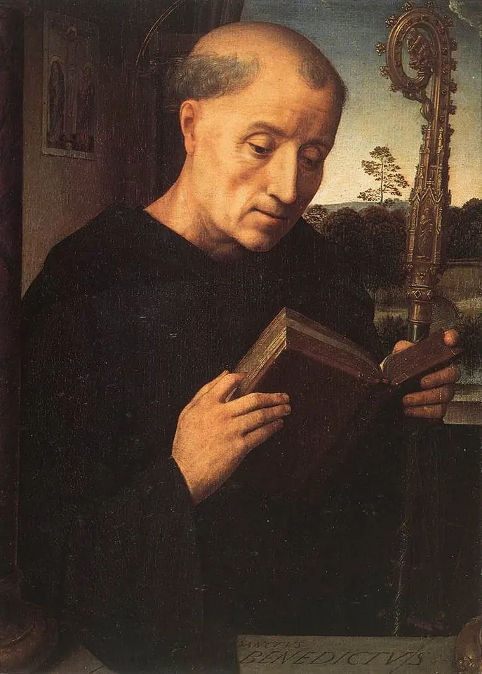 Hans Memling's half-length St. Benedict, a balding monk in a black habit reading a book, with a gold crozier behind him and a landscape through a window