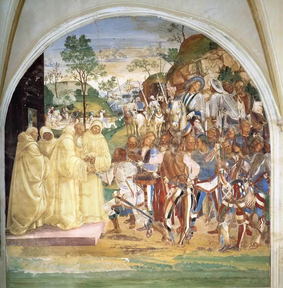 Fresco of St. Benedict and white-robed monks on the left receiving a kneeling king with a crowd of armored soldiers and horses on the right