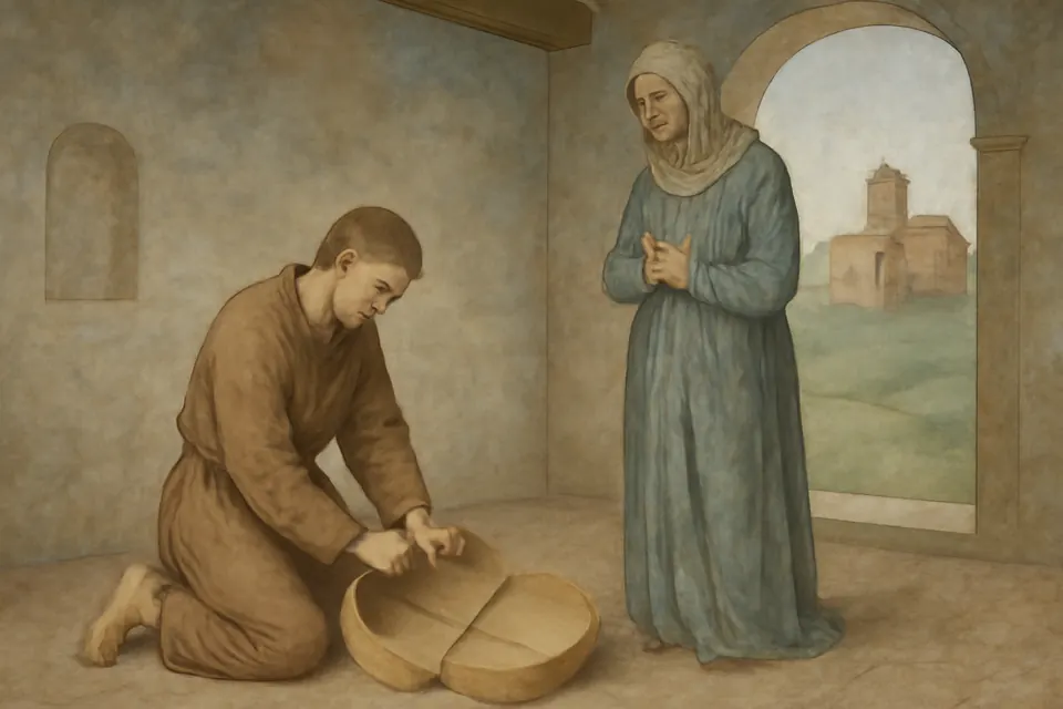Illustration of the young Benedict kneeling in prayer over a broken earthenware sieve while his old nurse weeps beside him in a village church