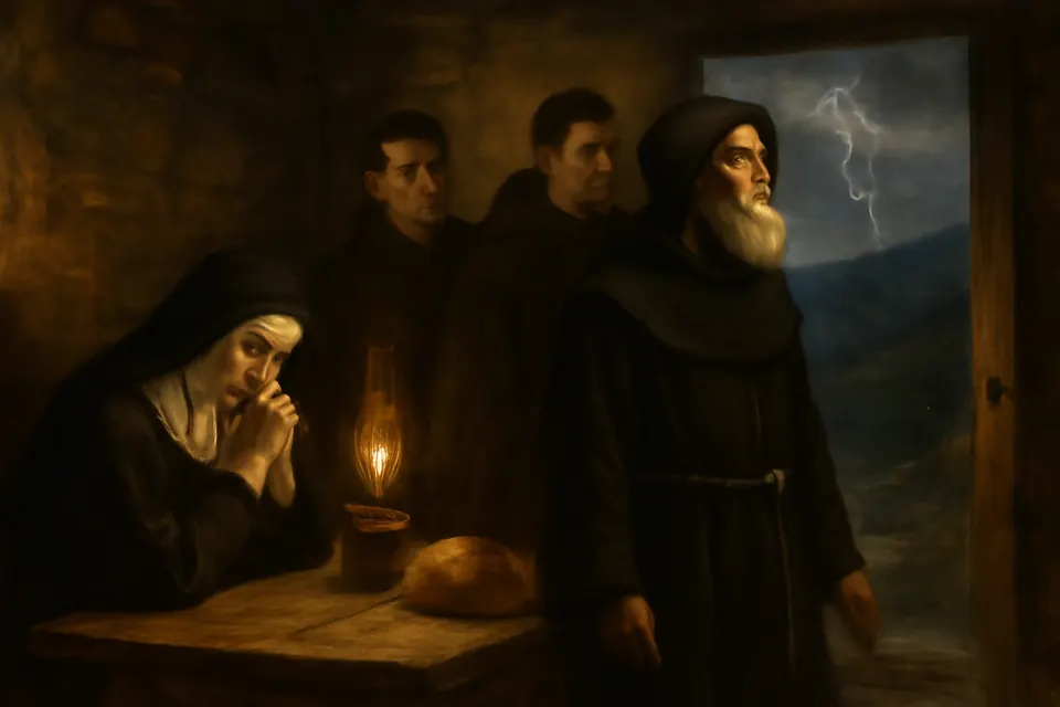 Illustration of St. Scholastica praying with her head on her hands at a table as a storm breaks, while her brother Benedict looks out at the rain