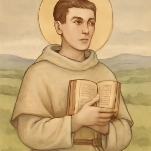Watercolor-style portrait of St. Benignus of Armagh as a young Irish bishop in a plain cloak, holding a psalter, with green hills behind him