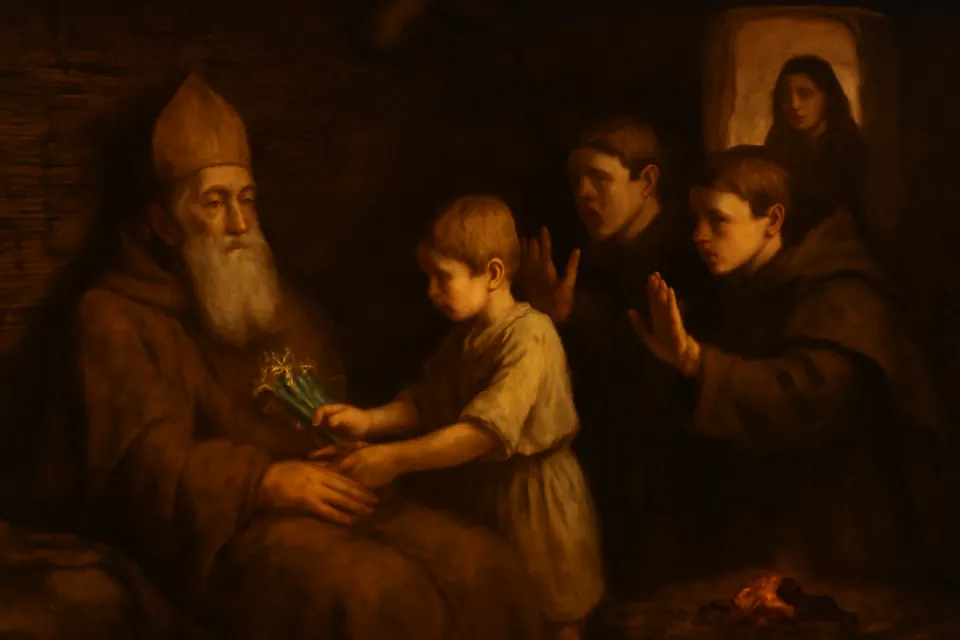 Oil-painting-style scene of a small Irish boy quietly laying wildflowers on the chest of an old bishop asleep by a hearth while his companions look on
