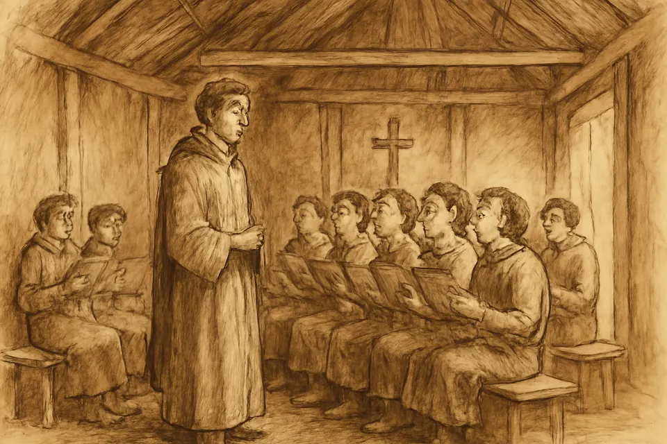 Ink-drawing-style scene of a young Irish teacher leading a group of students in chanting psalms from wax tablets inside a small wooden church
