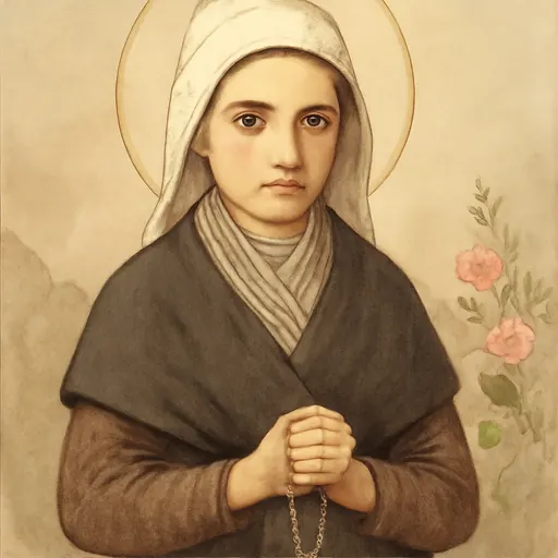 Watercolor holy-card portrait of St. Bernadette as a fourteen-year-old peasant girl in a white hood and dark shawl, holding a rosary