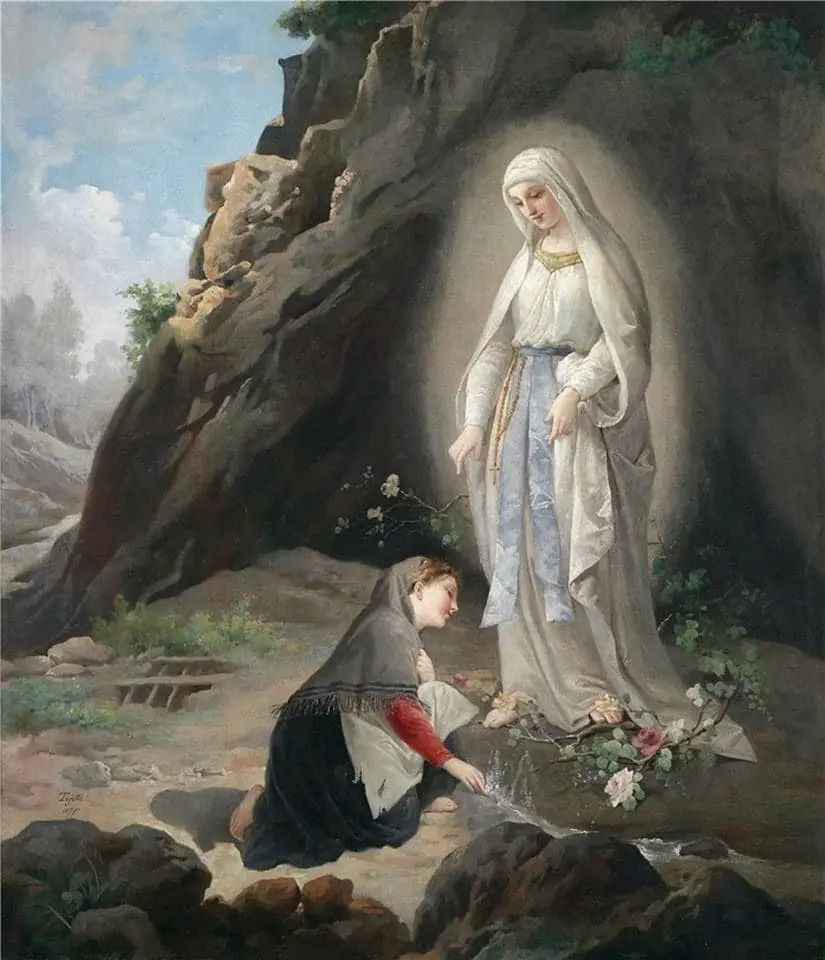 Painting of a lady in white with a blue sash standing in a rock grotto in a soft glow, while a peasant girl in a dark shawl kneels at her feet among wild roses
