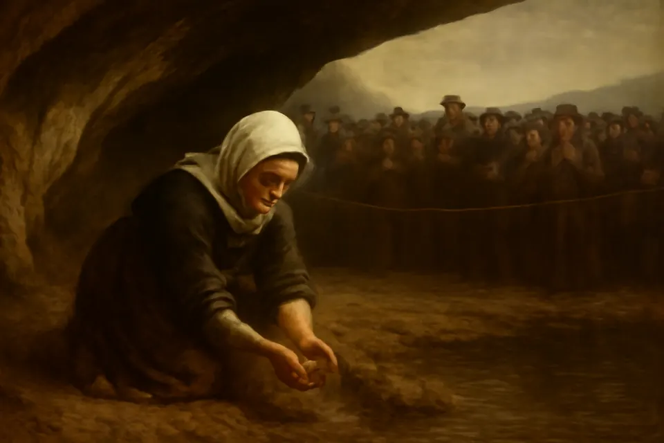 Painting-style illustration of a kneeling peasant girl scooping muddy water from the ground at the back of a grotto as a large crowd watches