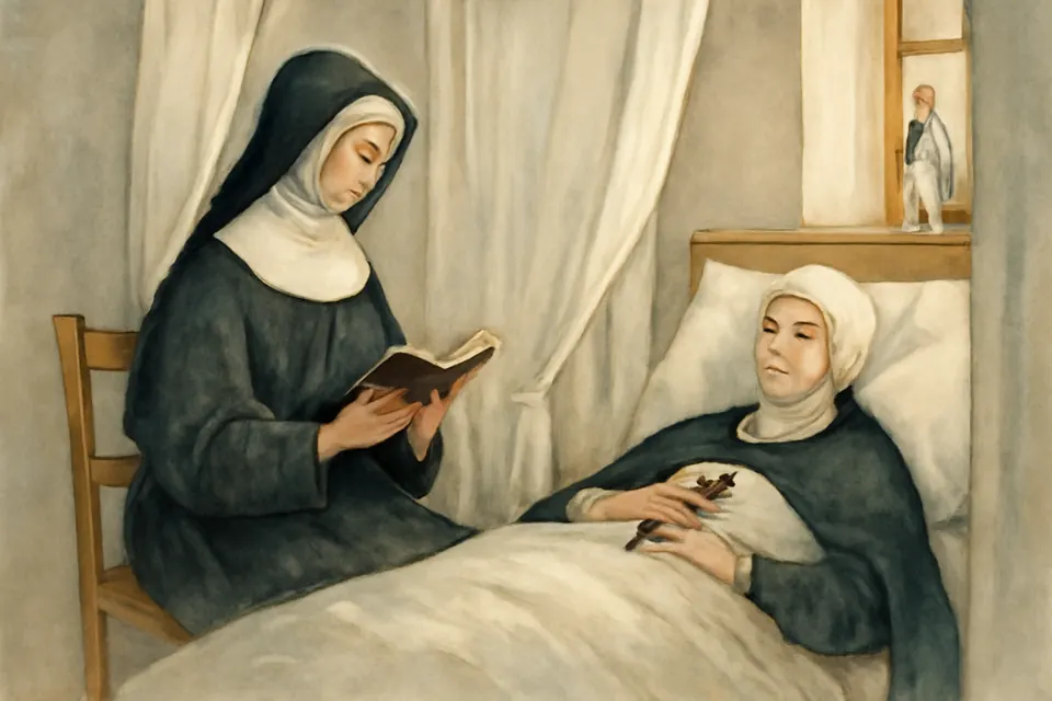 Illustration of a young nun lying ill in an infirmary bed hung with white curtains, holding a crucifix, as an older sister sits beside her