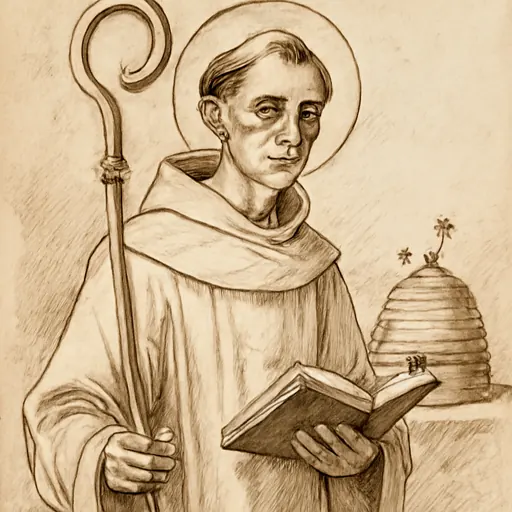 Oil-painting-style portrait of St. Bernard of Clairvaux as a thin, tonsured abbot in a white Cistercian habit, holding a crozier and a book