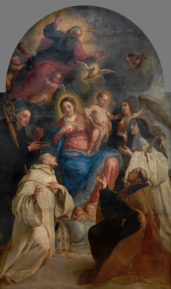 Baroque altarpiece of the Virgin and Child enthroned in clouds with angels, as St. Bernard in a white habit kneels below looking up at her, with other monks and saints around him