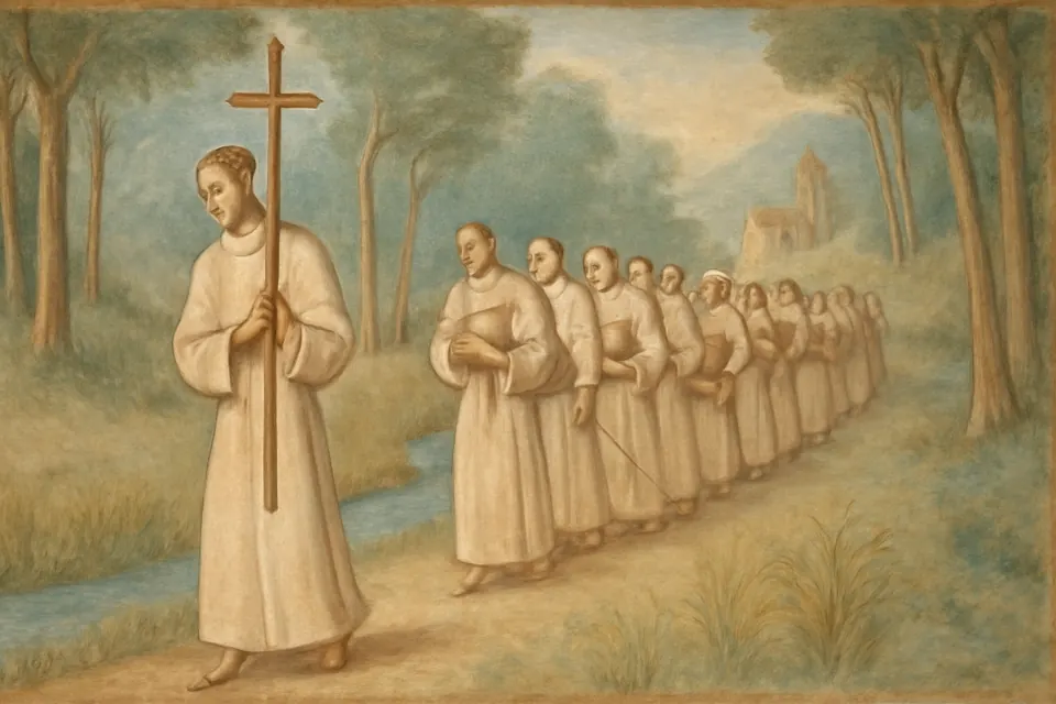 Illustration of a young abbot and twelve monks in white habits arriving in a wild, wooded valley to found Clairvaux