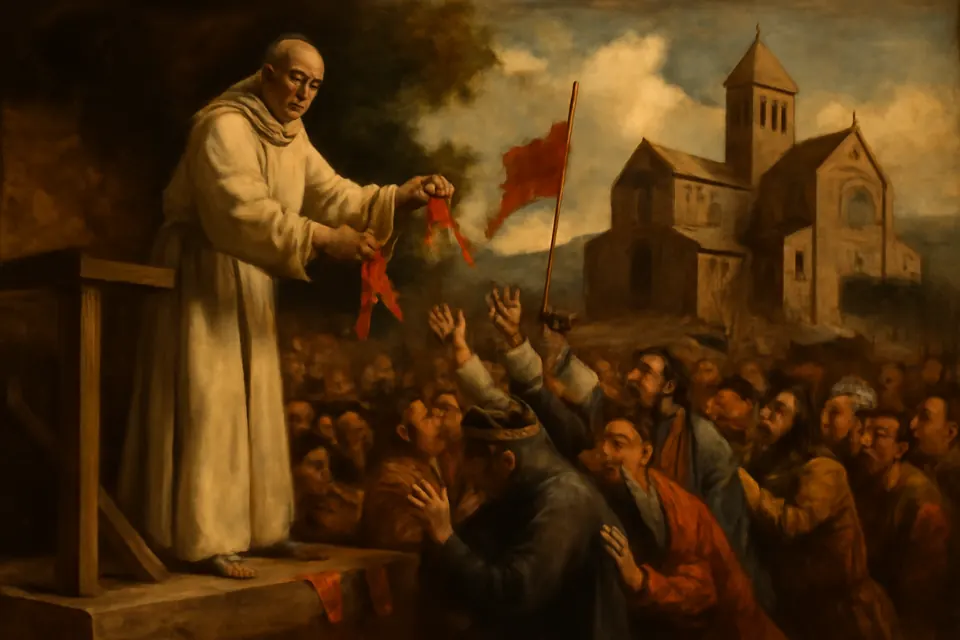 Illustration of St. Bernard on a hillside platform at Vézelay handing out cloth crosses to a crowd of knights and townspeople