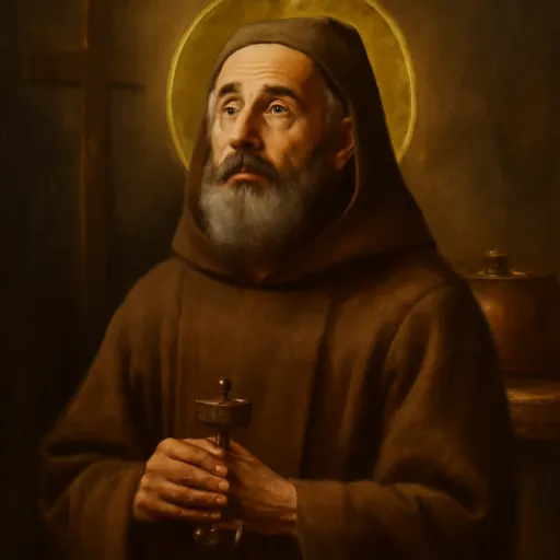 Oil-painting-style portrait of St. Bernard of Corleone as a bearded Capuchin friar in a brown habit, looking upward and holding a rosary, with a cross behind him