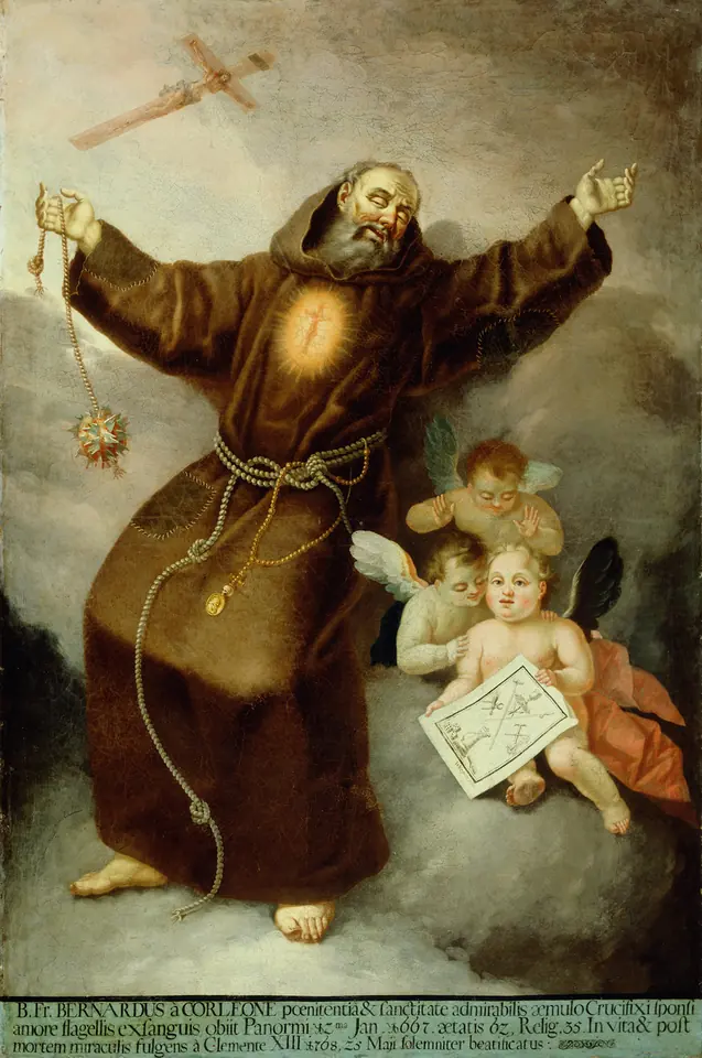 Painting of a Capuchin friar in a brown habit floating on clouds with arms flung wide, a scourge in one hand, a crucifix in the sky and cherubs holding a paper at his feet