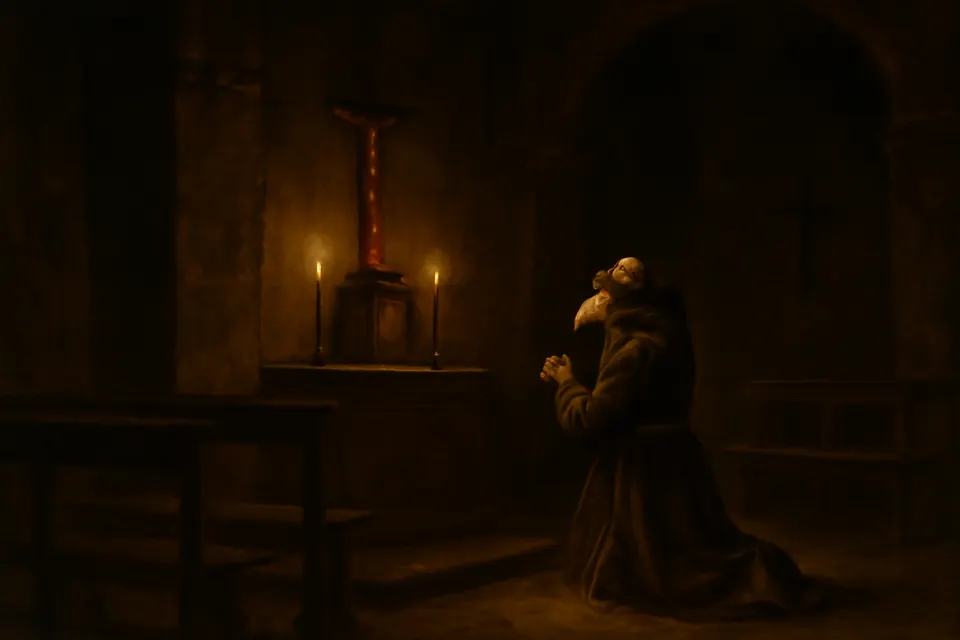 Painting-style scene of a bearded Capuchin friar kneeling alone at night before a lit tabernacle in a dark friary church