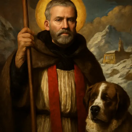 Oil-painting-style portrait of St. Bernard of Menthon in a white surplice and red stole, holding a staff, with snowy Alpine peaks and a large dog behind him