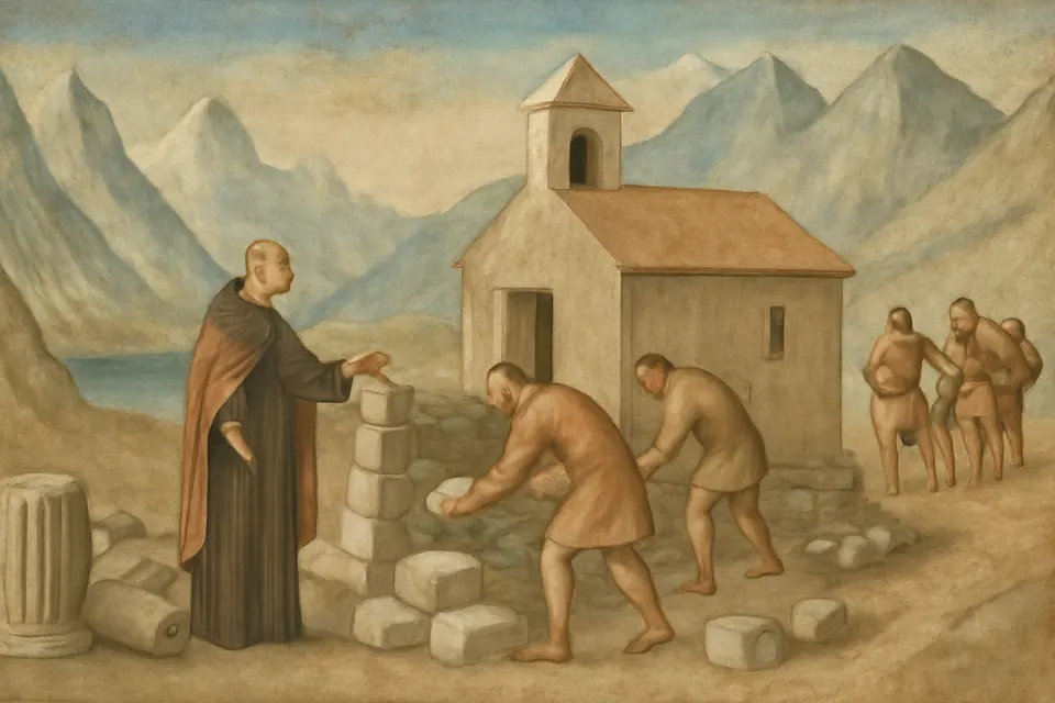 Fresco-style scene of a medieval priest and companions raising the stone walls of a hospice on a high snowy mountain pass