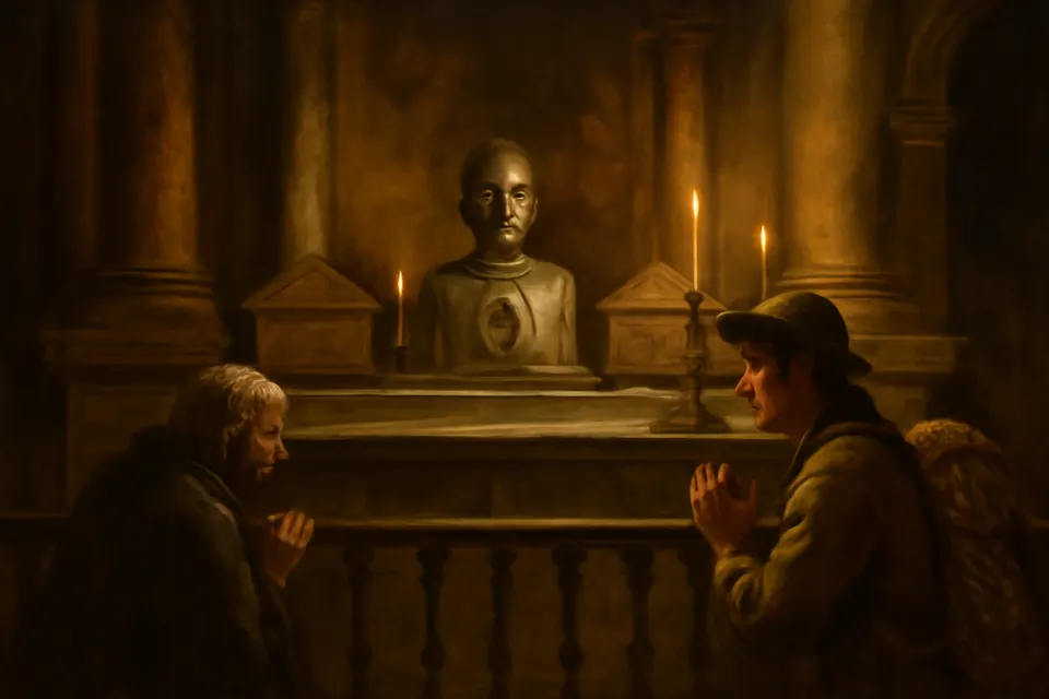 Oil-painting-style scene of pilgrims kneeling before a silver head reliquary on a marble altar in a candlelit cathedral chapel