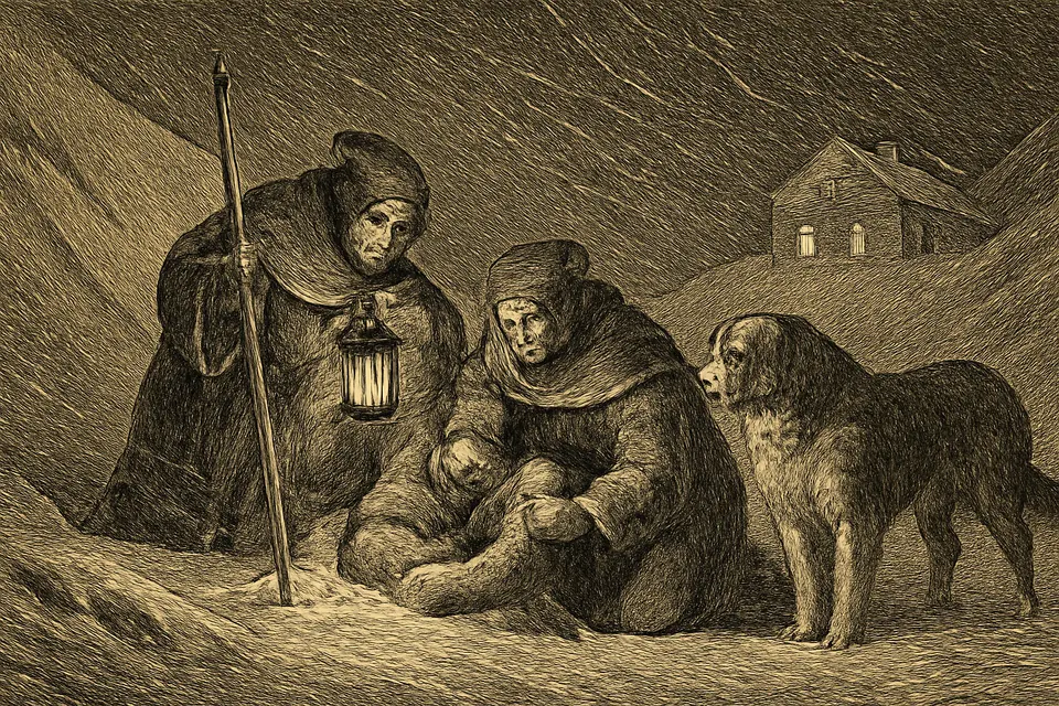 Engraving-style scene of canons with lanterns and a large dog finding a traveler half-buried in snow on a mountain pass