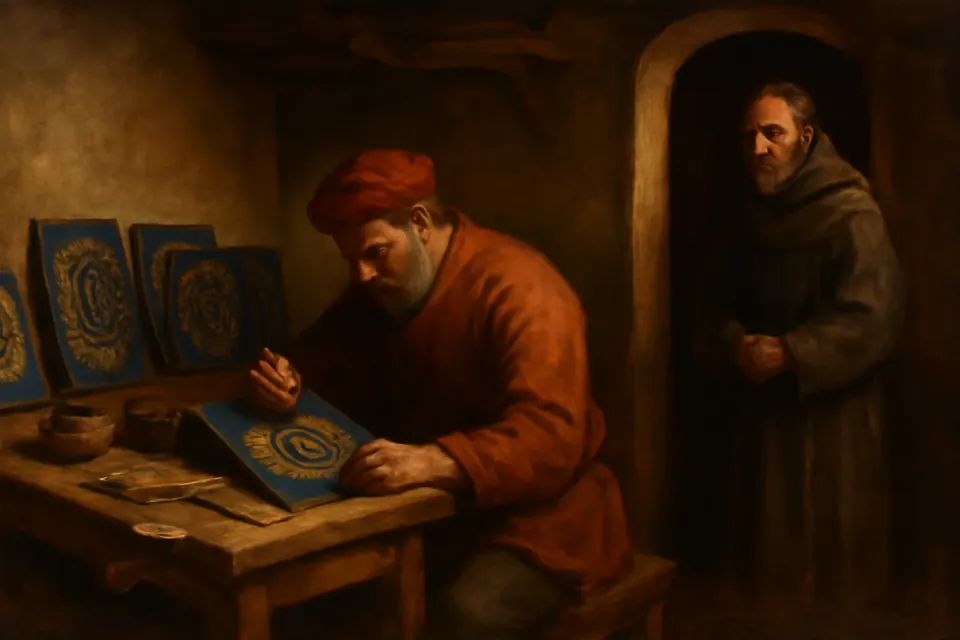 Illustration of a fifteenth-century card painter in a small workshop painting the golden IHS monogram on blue wooden tablets
