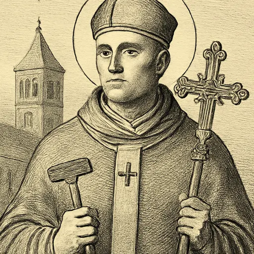 Engraving-style portrait of St. Bernward of Hildesheim, a German bishop in miter and chasuble holding a jeweled processional cross and a small hammer