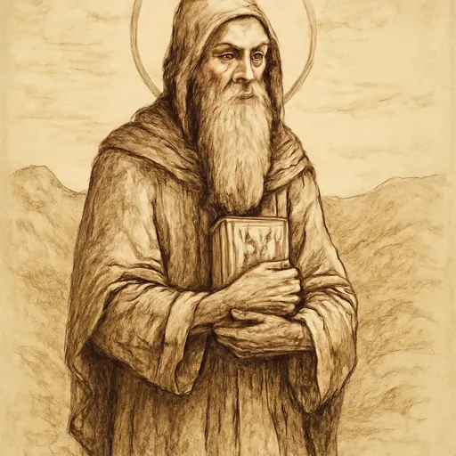 Ink-drawing-style portrait of St. Bessarion of Egypt, an aged desert monk with a long white beard in a plain tunic, holding a worn book of the Gospels among desert rocks