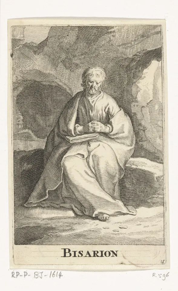 Engraving of a bearded hermit sitting on a rock at the mouth of a cave, wrapped in a heavy cloak with his hands folded, labeled Bisarion