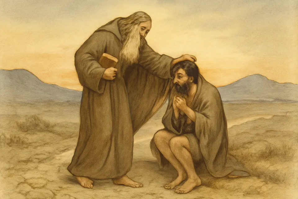Watercolor-style scene of an old desert monk taking off his cloak to cover a poor, shivering man on a stony desert road