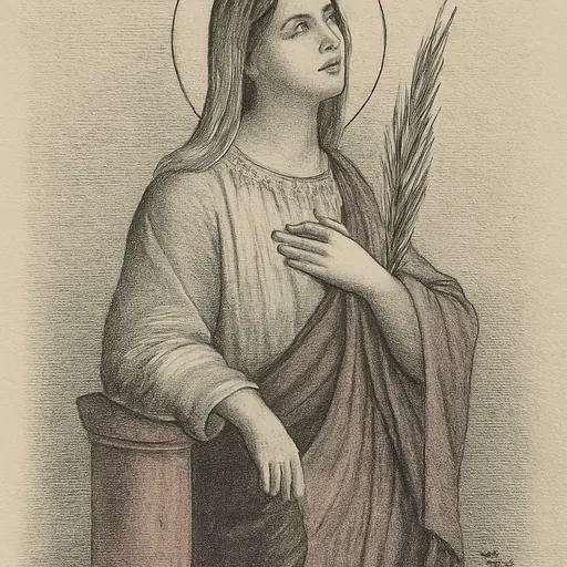 Fresco-style portrait of St. Bibiana as a young Roman woman in a rose-colored mantle, holding a martyr's palm and leaning against a marble column