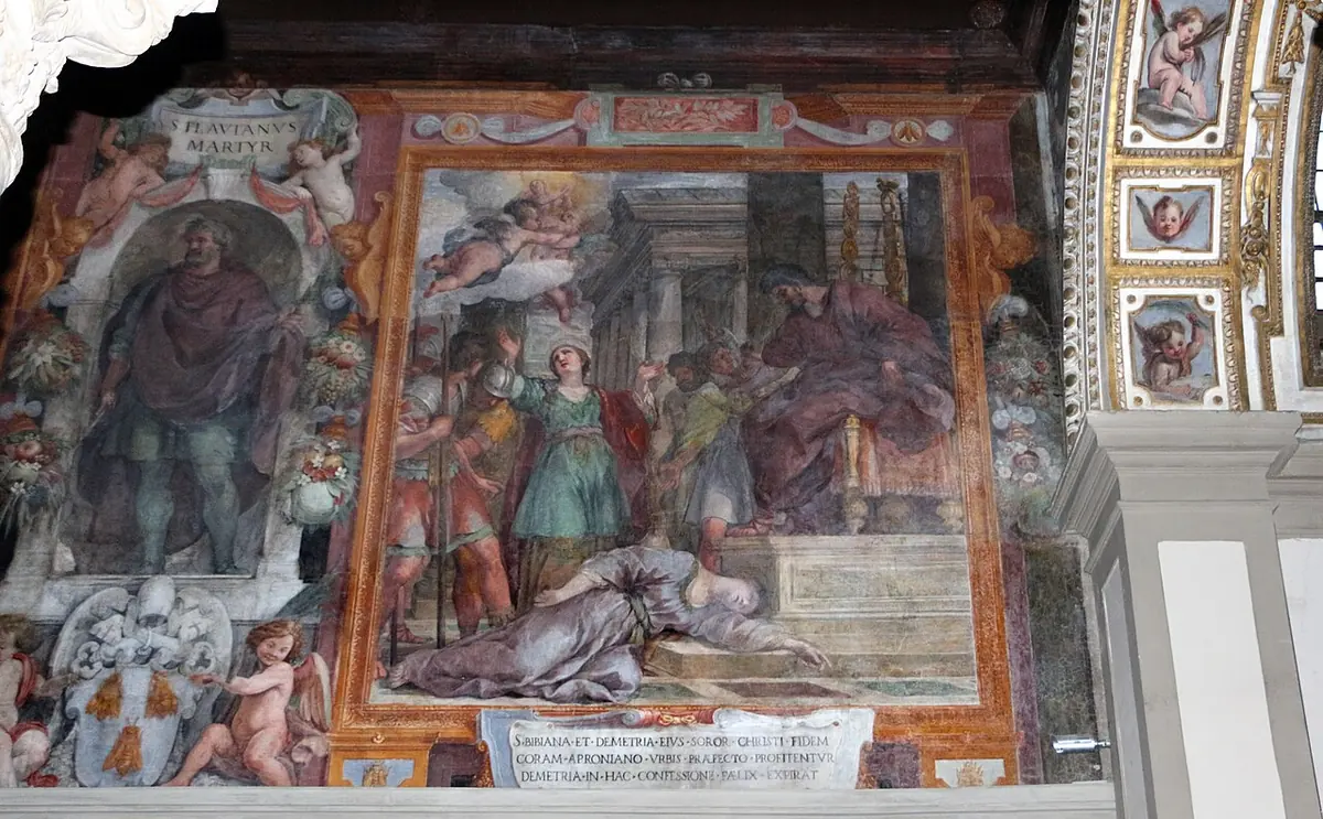 Fresco of a Roman judge enthroned under a canopy while a young woman collapses dead on the floor before him and her sister stands among soldiers