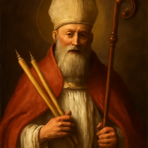 Oil-painting-style portrait of St. Blaise as an elderly bearded bishop in a red cope and miter, holding two crossed candles