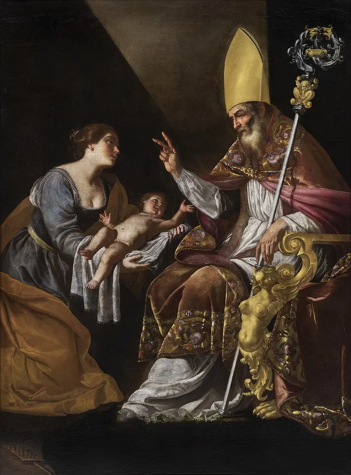 Baroque painting of a seated bishop in a golden miter raising his hand in blessing over a pale infant held out by a kneeling mother