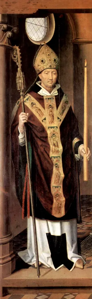 Hans Memling's standing figure of St. Blaise in a jeweled gold miter and dark red chasuble, holding a crozier in one hand and a tall lit candle in the other, with an iron comb at his feet
