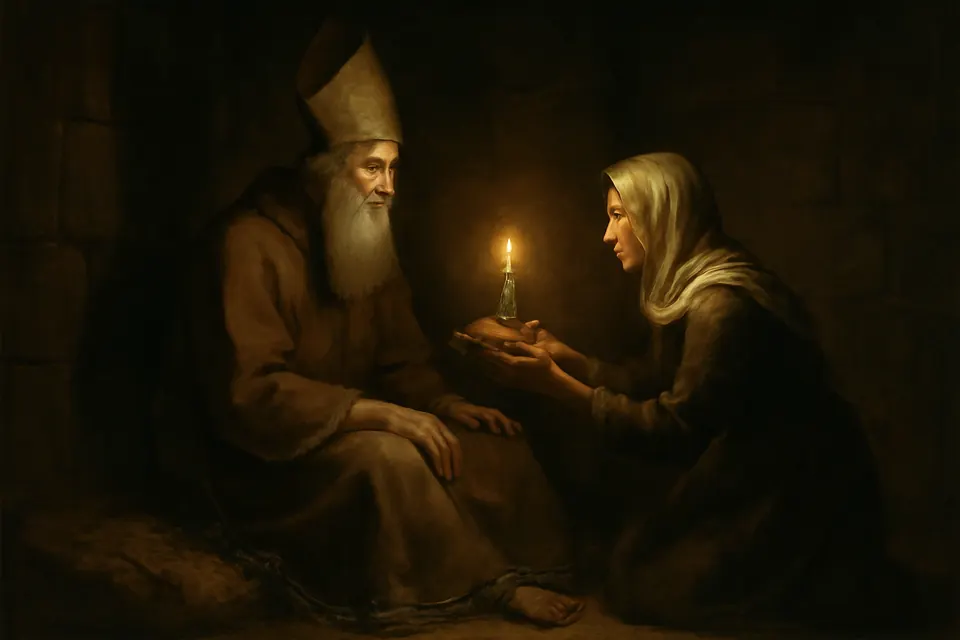 Illustration of a poor widow bringing bread and a lit candle to St. Blaise in his prison cell
