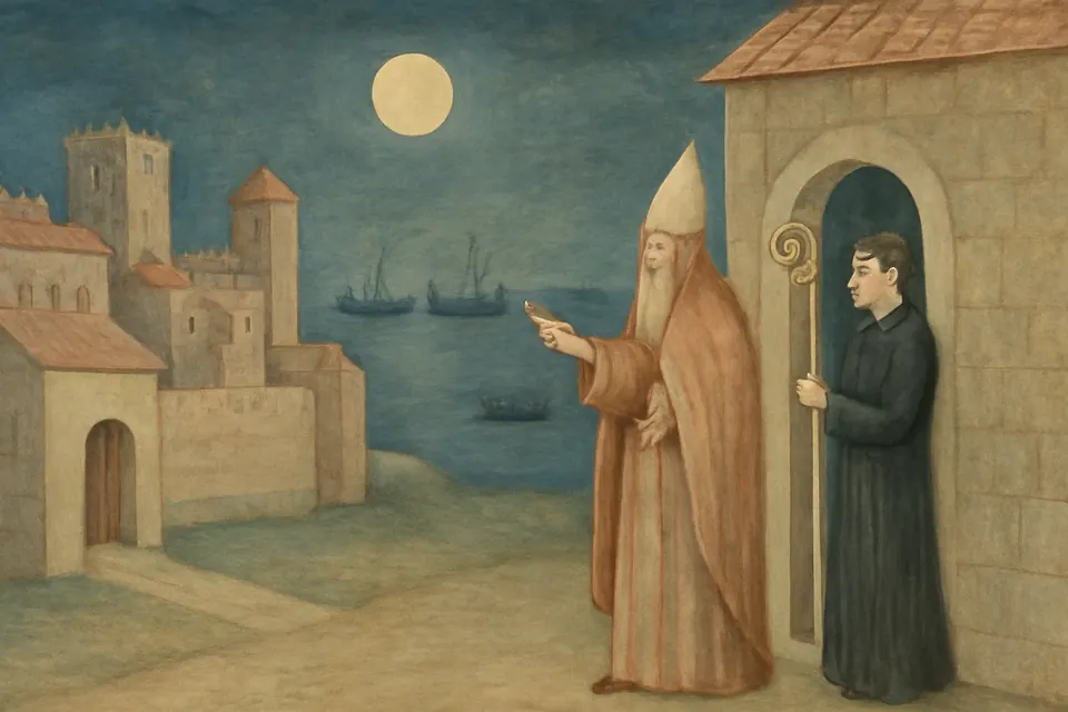 Illustration of the priest Stojko meeting an old bishop at night outside a church in medieval Dubrovnik