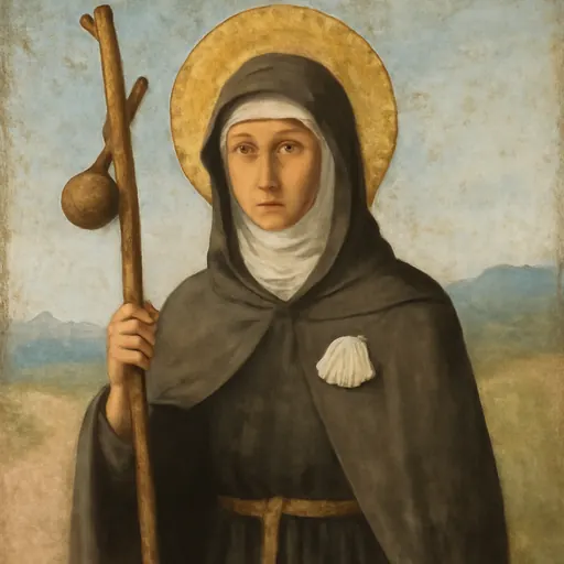 Fresco-style portrait of St. Bona of Pisa, a young woman in a dark pilgrim's cloak and white veil, holding a tall pilgrim's staff with a scallop shell on her shoulder