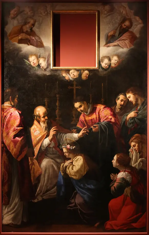 Baroque altarpiece of a kneeling young woman receiving a habit from a bearded saint in a bishop's robes, with figures around them and cherubs above