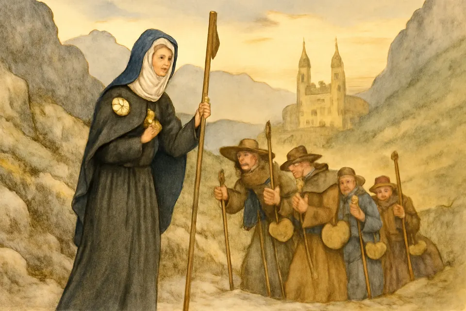 Watercolor-style scene of a woman pilgrim with a staff leading a small band of medieval pilgrims along a mountain road toward a distant cathedral