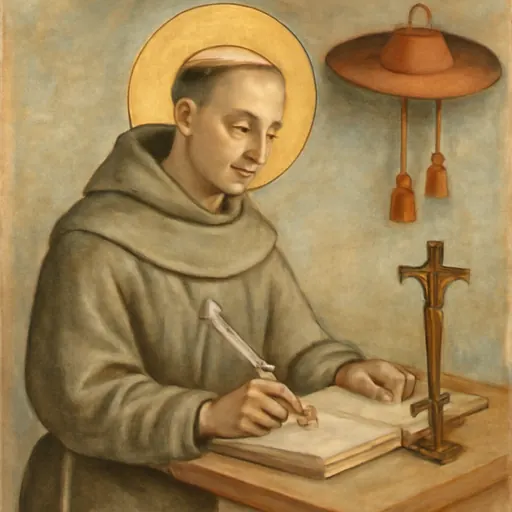 Oil-painting-style portrait of St. Bonaventure in a gray Franciscan habit with a cardinal's red hat hanging behind him, writing in a book with a quill