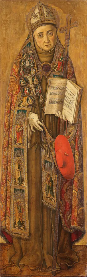 Gold-ground panel of St. Bonaventure standing in a jeweled cope over a Franciscan habit, holding a small Tree of Life and an open book, with a red cardinal's hat at his feet