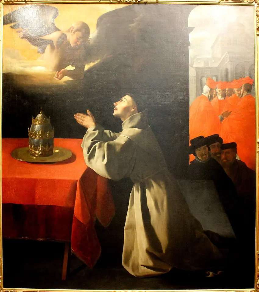 A Franciscan friar kneels in prayer at a table with a papal tiara on a gold plate, an angel appears above him, and cardinals in red wait in the next room