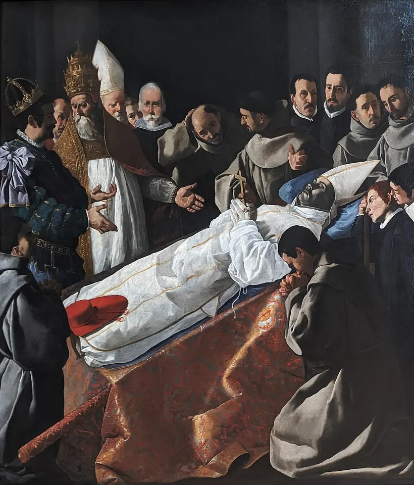 The body of a bishop in a white miter and vestments lies on a bier while a pope, a king, a cardinal and many friars gather around in mourning