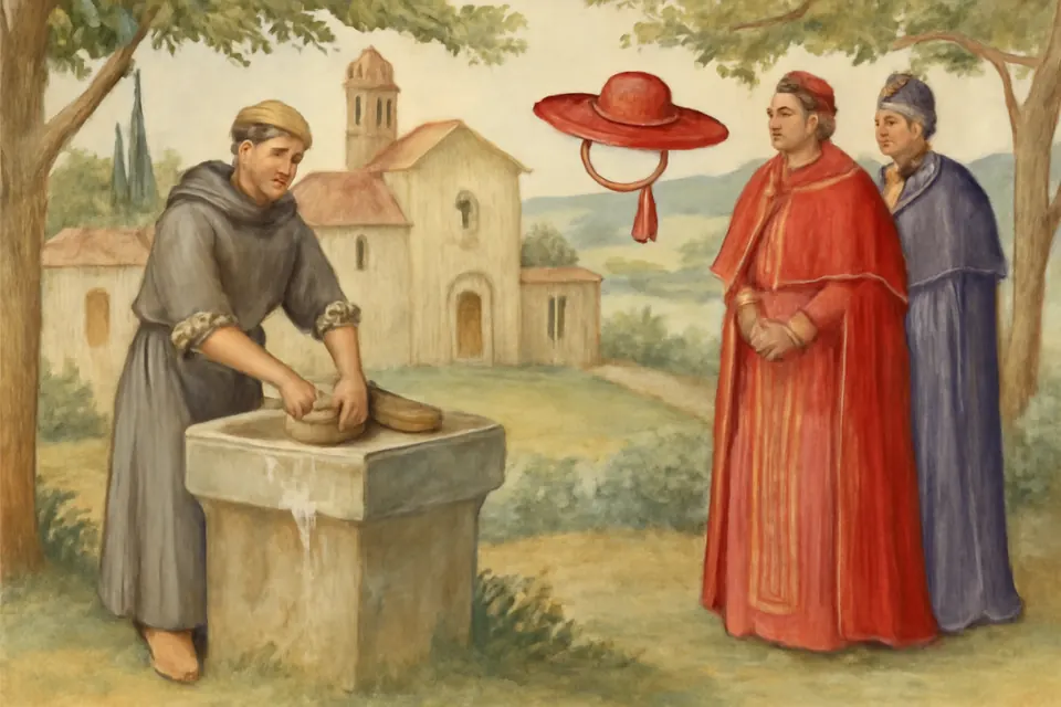 Illustration of a Franciscan friar washing dishes at a stone basin outside a friary as papal envoys wait, a cardinal's red hat hanging from a nearby tree