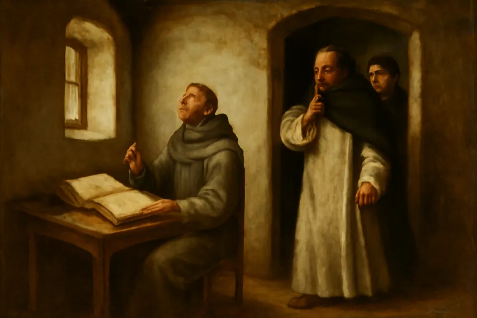 Illustration of a Dominican friar in black and white quietly withdrawing from the doorway of a cell where a Franciscan friar writes, lost in contemplation