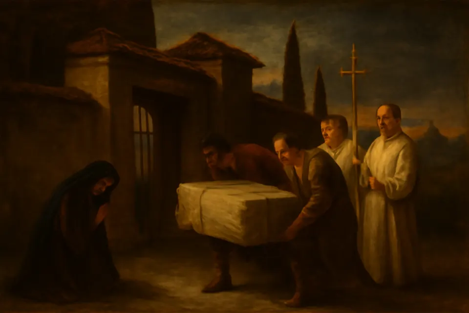 Oil-painting-style scene of a Roman noblewoman in a dark veil and clergy with candles receiving a wooden reliquary chest at the gate of her villa