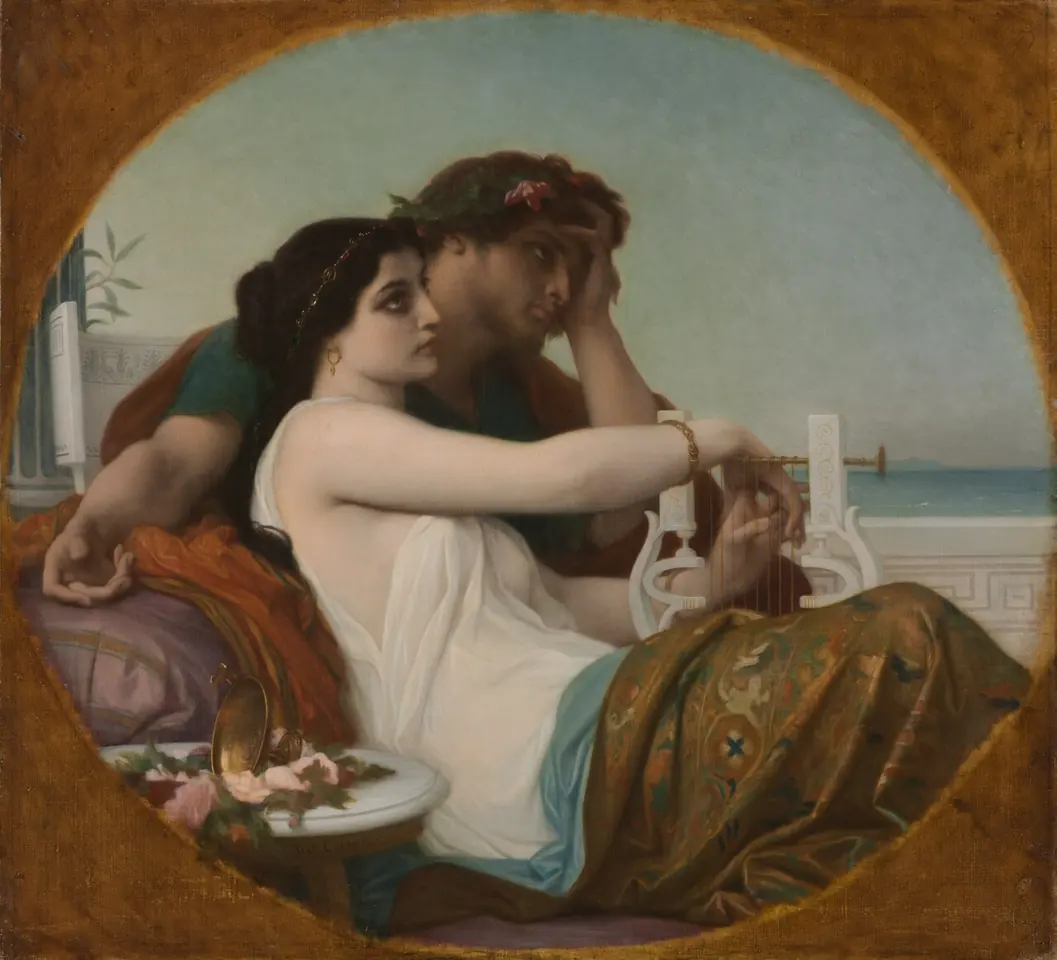 Oval painting of a young Roman woman in a white gown reclining on cushions beside a brooding young man in a dark tunic, with the sea behind them