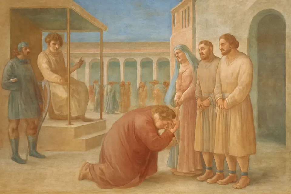 Fresco-style scene of a Roman traveler kneeling to embrace chained Christian prisoners in a city square while a magistrate watches from a platform