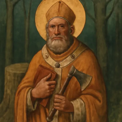 Oil-painting-style portrait of St. Boniface as an elderly bearded bishop in a miter and pallium, holding a Gospel book and a woodsman's axe