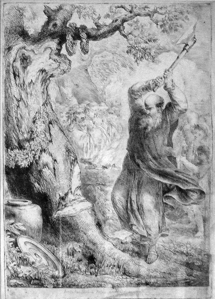 Black-and-white engraving of a bearded monk swinging an axe high against the trunk of a massive oak